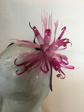 Load image into Gallery viewer, Pink recycled plastic flower on a silk covered metal headband.